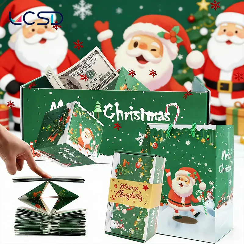 Unisex 20-Bounce Decorative Durable Gift Box Set, Unique Folding Envelope with Color Paper, Festive Design with Santa and Snowmen, Ideal for Christmas Party, Birthdays, Unique Folding Design