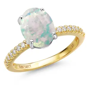 14K Two Tone Gold Simulated White Opal and Lab Grown Diamond Engagement Ring For Women | 1.86 Cttw | Oval Cabochon 10X8MM | Gemstone October Birthstone
