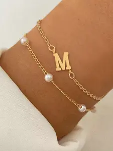 Women's Letter Initial Bracelet Set, Classic Beaded Chain Stainless Steel Multi-Layered Jewelry, Casual All-Season Accessory