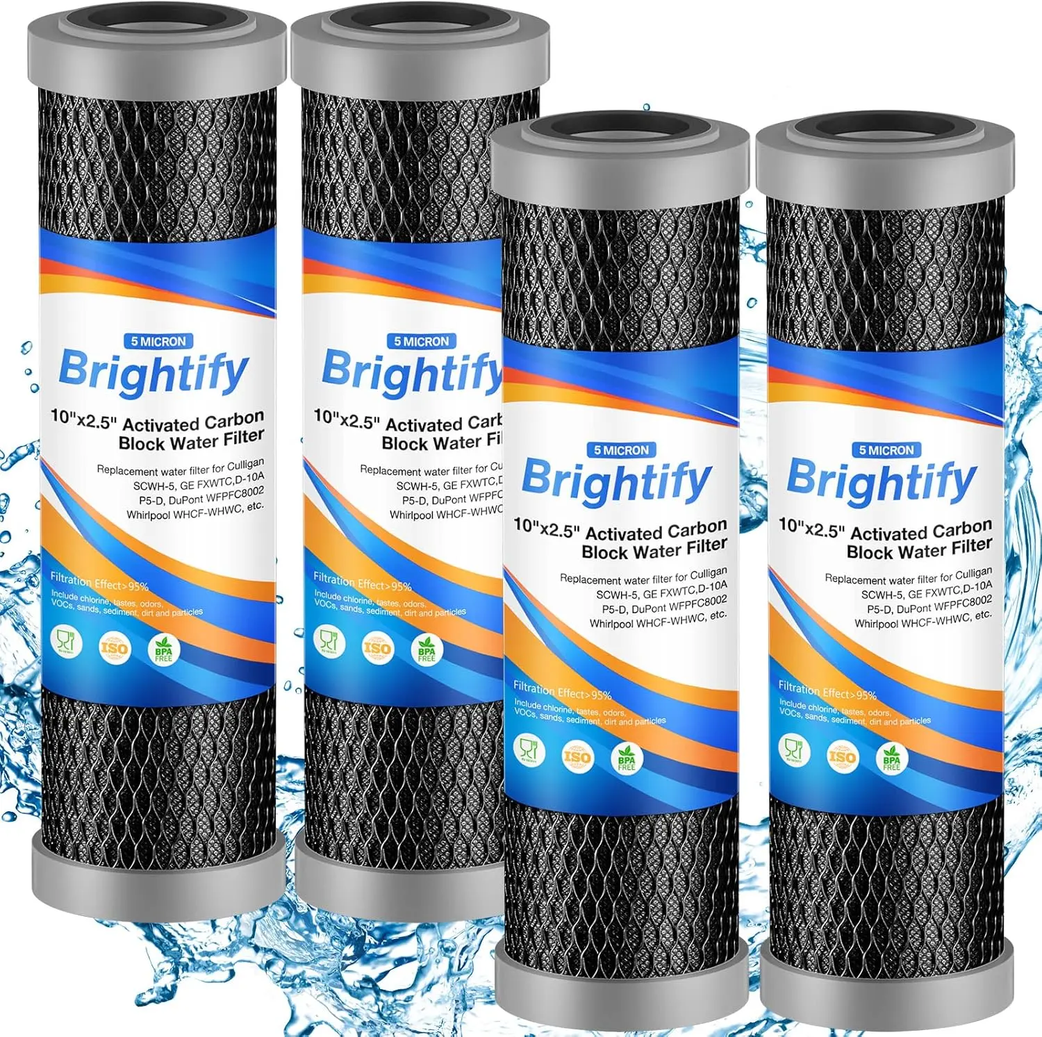 4 Pack 5 Micron CTO Whole House Water Filter Replacement Cartridge 10"x2.5" | Universal Fit Top Models