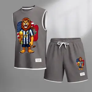 Men’s Athletic Sleeveless Two-Piece Set – Tank Top & Shorts, 2026 World Cup Lion Football Print with USA, Canada, Mexico Colors, Lightweight Summer Street & Sportswear