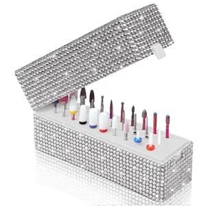 Nail Drill Bits Holder Box: 30 Holes Rhinestone Drill bit Holder Nail tech for Nail Drill bits Storage Dustproof Stand Displayer Organizer Case for Manicure Tools(Drill bits not Included) (Silver)