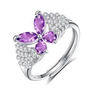 Natural Crystal Butterfly Ring - Adjustable S925 Sterling Silver - Tarnish-Resistant Elegant Jewelry