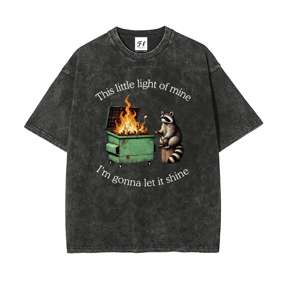 Vintage Raccoon Graphic T-Shirt, Unisex Washed 100% Cotton Short Sleeve Top, Oversize Streetwear with 'This Little Light of Mine' Print, Shortsleeve, Retro, Fashion, Fabric, Menswear