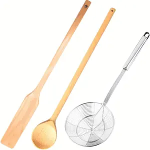 Extra Long 24" Wooden Paddle, 24" Wood Spoon & 16" Stainless Steel Strainer Skimmer, Cooking Mixing Stirring Utensils for Home Brewing Cajun Crawfish Seafood Crab Pot Boil Accessories