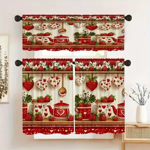 2 Panel 28"X40"/1 Panel 18"X60" Red Rose "Love" Print  Window Curtain With Valance Tier - - Kitchen Blinds, Machine Washable For Valentine's Day & Year-Round Decor, Design For Homes With /Pets, 2D Flat