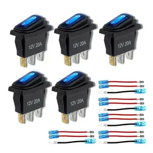 5 Pack 12V Waterproof Rocker Switches - SPST 3-Pin ON/OFF Toggle Switches with Blue LED Light, 20cm Detachable Wires, Snap-In Square Design for Car, Boat, RV, Truck, Marine (KCD3)