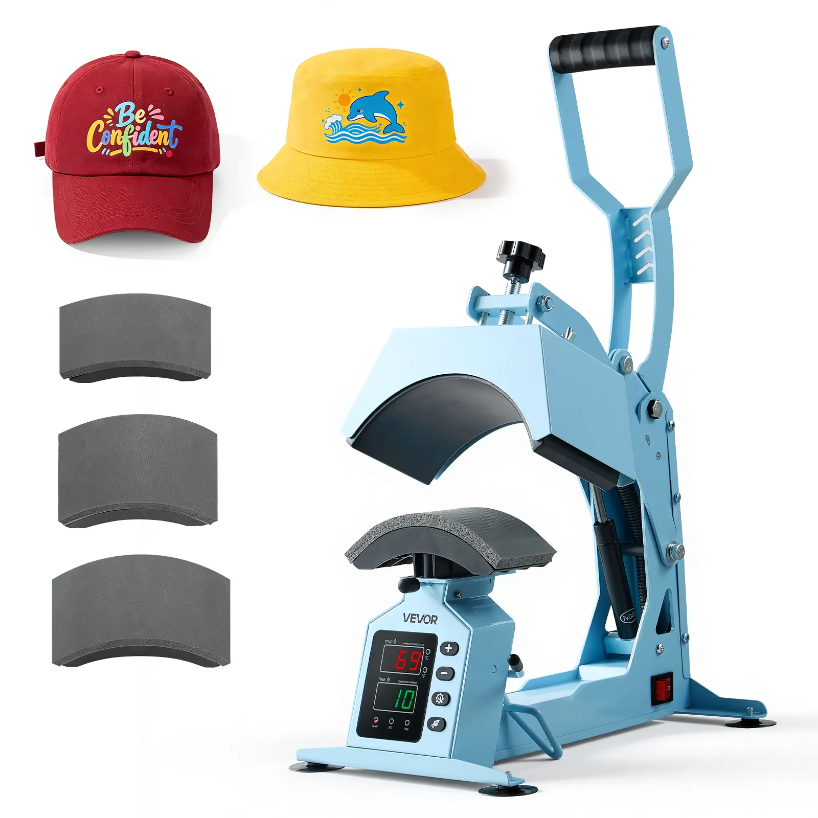 【Summerfinds】VEVOR Hat Heat Press Machine, with 4 Interchangeable Platens and Caps Stretcher, Precise Temperature & Time Control, Heat Press for Hats and Caps, for HTV Iron On and Sublimation Projects, Light Blue