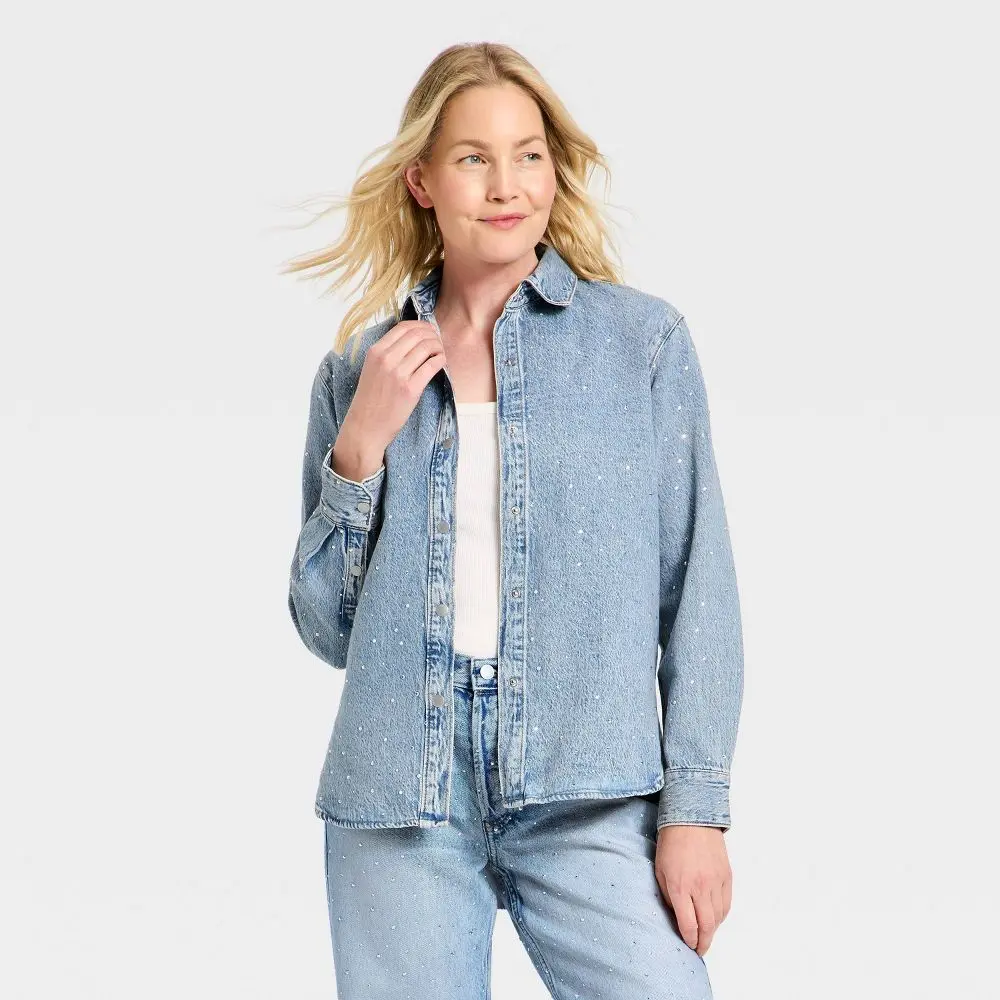 Women's Button-Down Rhinestone Denim Shirt - Universal