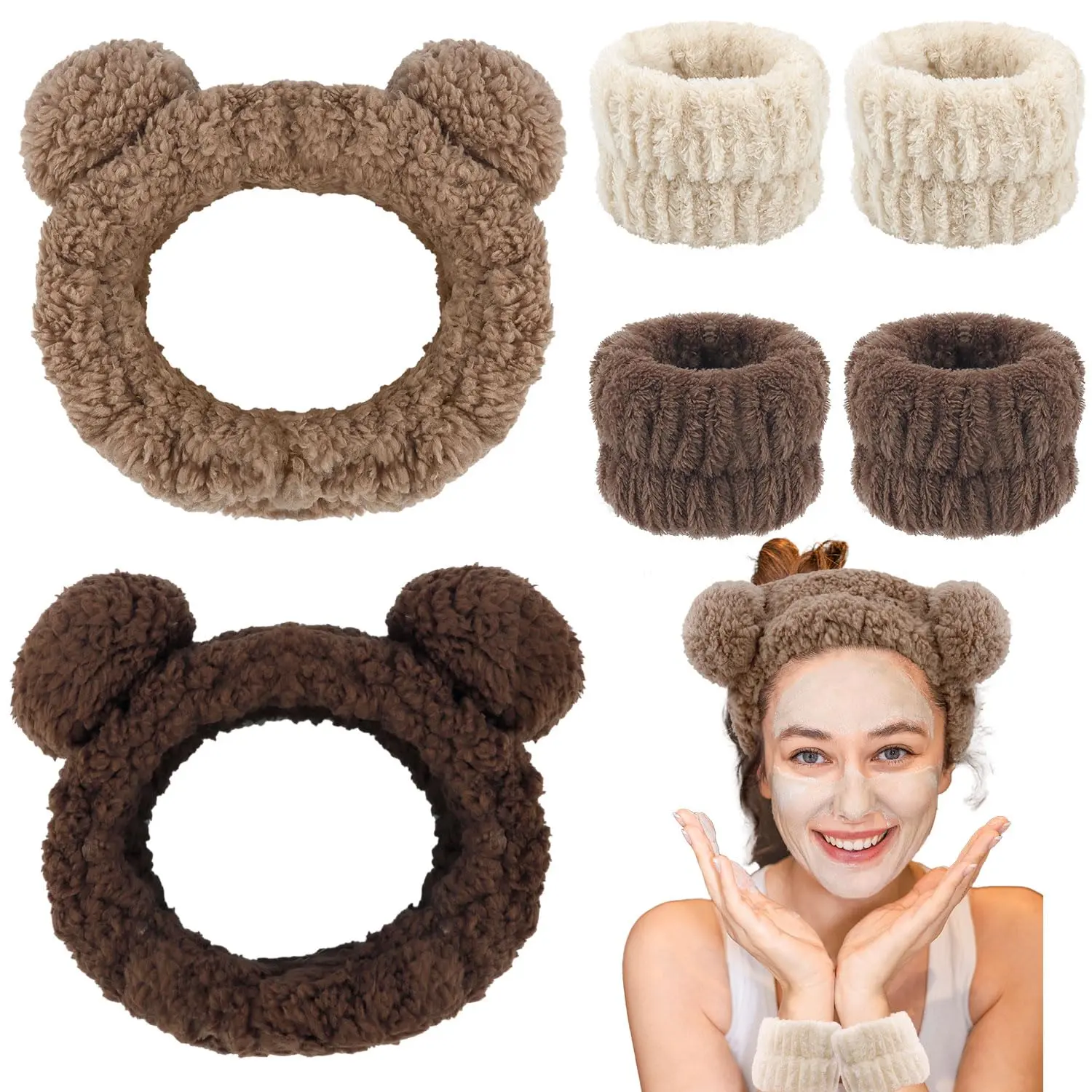 Bear Ears Spa Wristband Set - Cute Animal Skincare Headband for Washing Face - Fluffy Elastic Face Wash Hair Band for Women &  - Trendy Brown