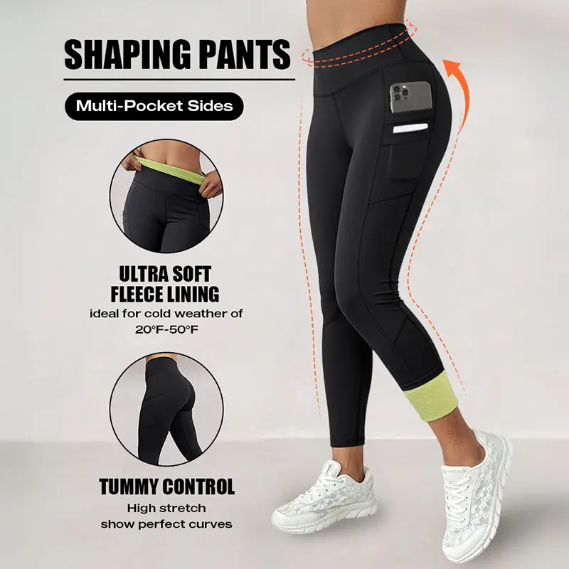 CHICME Winter Warm High Waisted Workout Athletic Leggings Tummy Control Butt Lifting Ultra Soft Thermal Lined Fleece Lined Yoga Pants Women's Sportswear with Stacked Slit Pockets On One Side