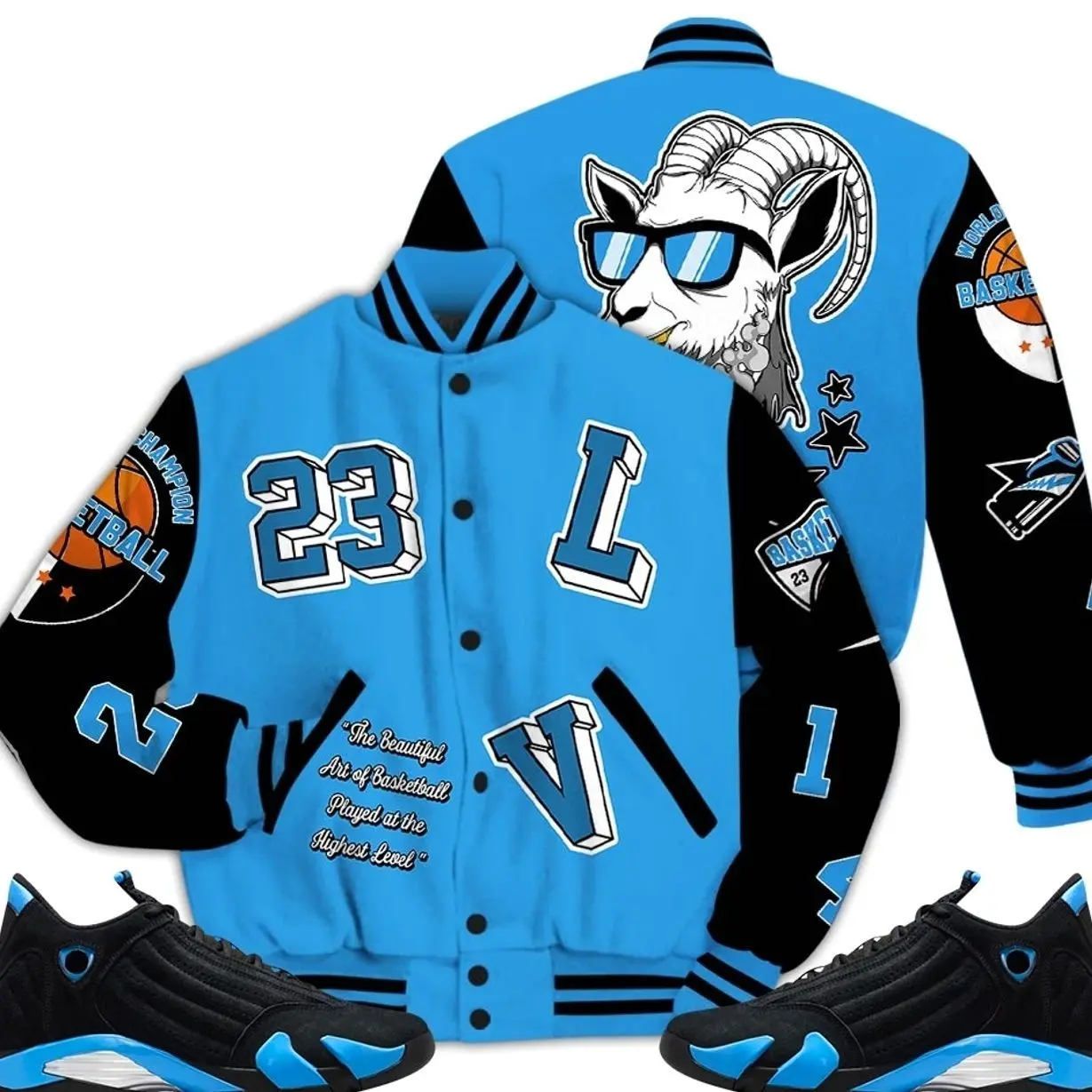 14 University Blue Outfits, Black University Blue 14s Varsity Jacket, AIR Number 23 Got Em Unisex T-Shirts To Match Sneakers Streetwear
