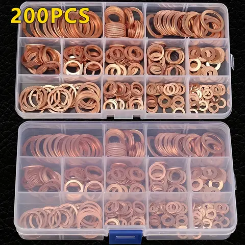 200pcs Automotive Sealing Washers Kit - Copper Flat, Type O Secure Seal Versatile Gaskets, Leak-Proof, Durable, Enhanced Grip, Universal Fit for Car Engine Maintenance & Auto Repair Essentials