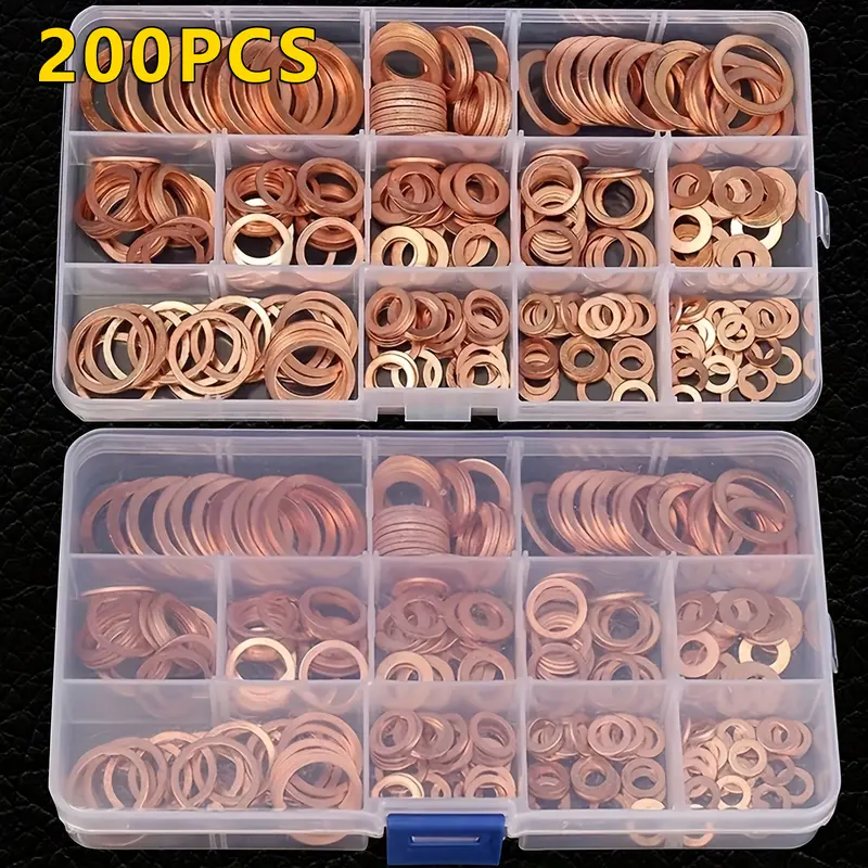 200pcs Automotive Sealing Washers Kit - Copper Flat, Type O Secure Seal Versatile Gaskets, Leak-Proof, Durable, Enhanced Grip, Universal Fit for Car Engine Maintenance & Auto Repair Essentials
