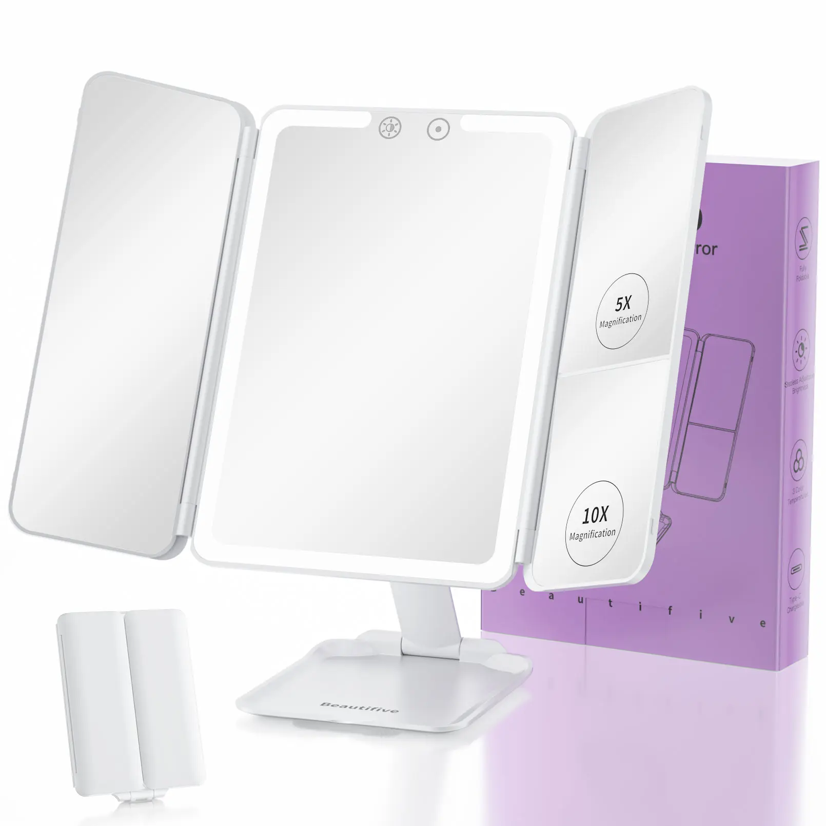 BEAUTIFIVE Tri-fold Travel Makeup Mirror with 48 LED Lights, 1X/5X/10X Rechargeable Vanity Mirror with Light, Portable Magnifying Mirror with Light, Stepless Dimming and Touch Control Table Mirror, Perfect Gift for Her, SummerVibes