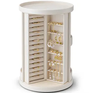 VLANDO Classic 360° Rotating PU Leather Jewelry Box - Adjustable Large Vertical Multifunctional Home Decor Organiser, Beauty Organiser with Compartments for Women, Wedding-Friendly Home Supply Storage Bin Cream White