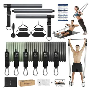 Resistance Bands Set with Pilates Bar for Home Gym, Adjustable Workout Kit (20–70 lbs Resistance) for Full Body Training