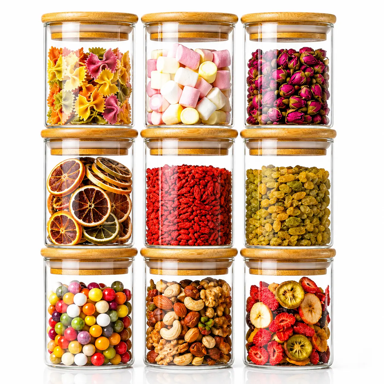 9-Pack 4oz/120mL Borosilicate Glass Canister Jars - Eco-Friendly Minimalist Smell Proof Airtight Cap Jars with Bamboo Lids, Kitchen Pantry Organization Containers for Spices, Coffee Beans (36oz/1080mL Total)