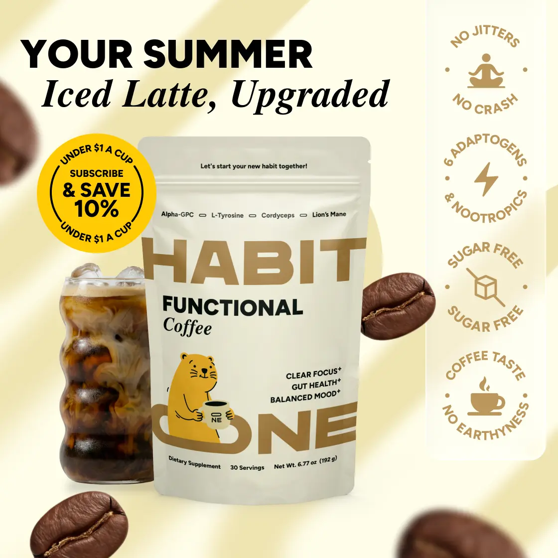 HABIT ONE Mushroom Coffee Made in USA - 10 in 1 Blend - Great Taste - Smooth Energy - No Bloating with Lion’s Mane, Cordyceps, Reishi, Chaga - Adaptogens & Nootropics – 30 Serving Beverage Healthy