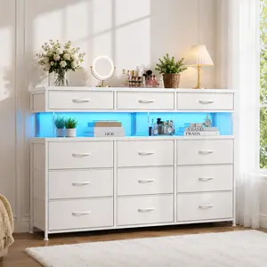 RaybeeFurniture Dresser for Bedroom with 12 Drawers, Dresser with LED & Charging Station, 38.6''H Dressers & Chests of Drawers with 10mm Sturdy Acrylic Sheet, for Bedroom, Closet, Entryway