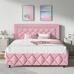 Twin/ Full/ Queen/ King Size Bed Frame, Upholstered Bed Frame With Diamond Headboard And Footboard, White/ Beige/ Black/ Grey/ Pink/ Purple/ Green