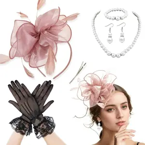 5 Pieces Vintage Tea Party Accessories Set,  Elegant Red Fascinator Hat with Pearl Jewelry Set and Lace Gloves, Wedding Party Accessories