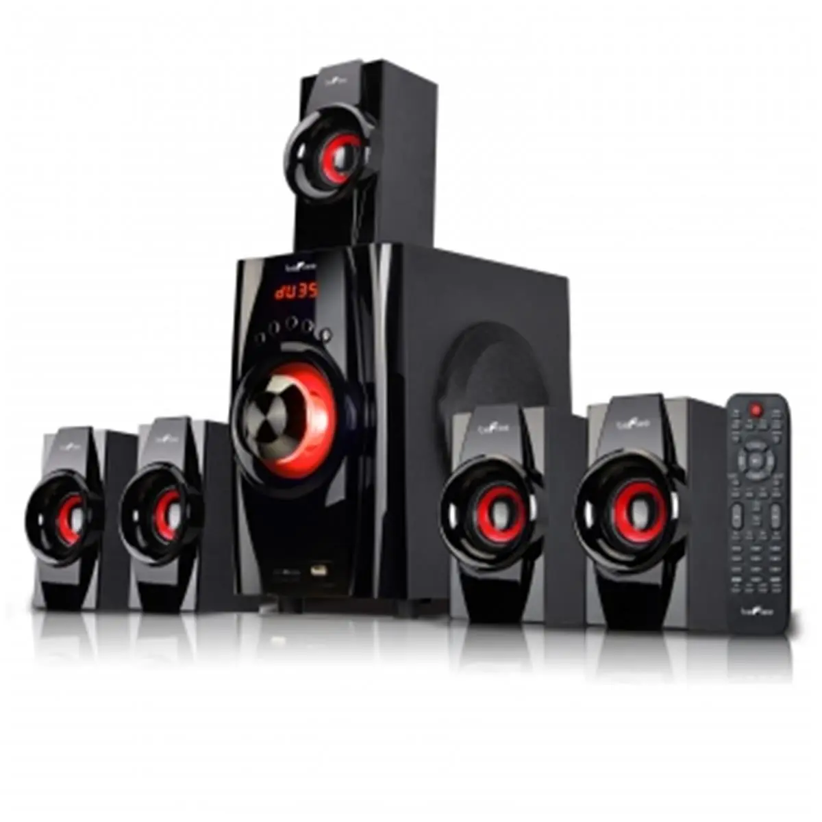 212 MAIN 5.1 Channel Wireless Surround Sound Bluetooth Speaker System - 25W+10W Audio Stereo, Plug, Home Amplifier, Remote Control, Red DVD Speaker