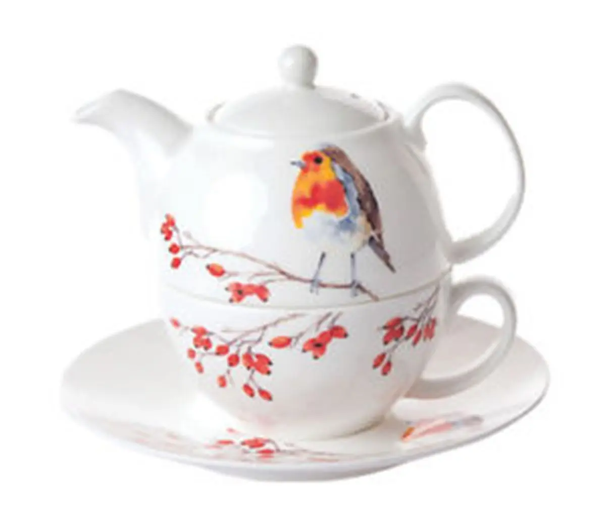 Roy Kirkham 212 MAIN Robin Design Bone China Luxury 1-Person Stacked Kitchen Tea Set - ER3070-R, 90mm Teapot (Handle, Spout, Microwave Safe), 140mm Teacup & Saucer, 2 lbs Multi-Color Drinkware, Stacked Set