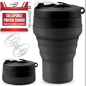 Collapsible Protein Shaker & Water Bottle Food-Grade Leakproof Lid 600mL/20oz Reusable Silicone Shaker Cup with Mixing Ball for Protein Shakes for Gym-goers & Travelers