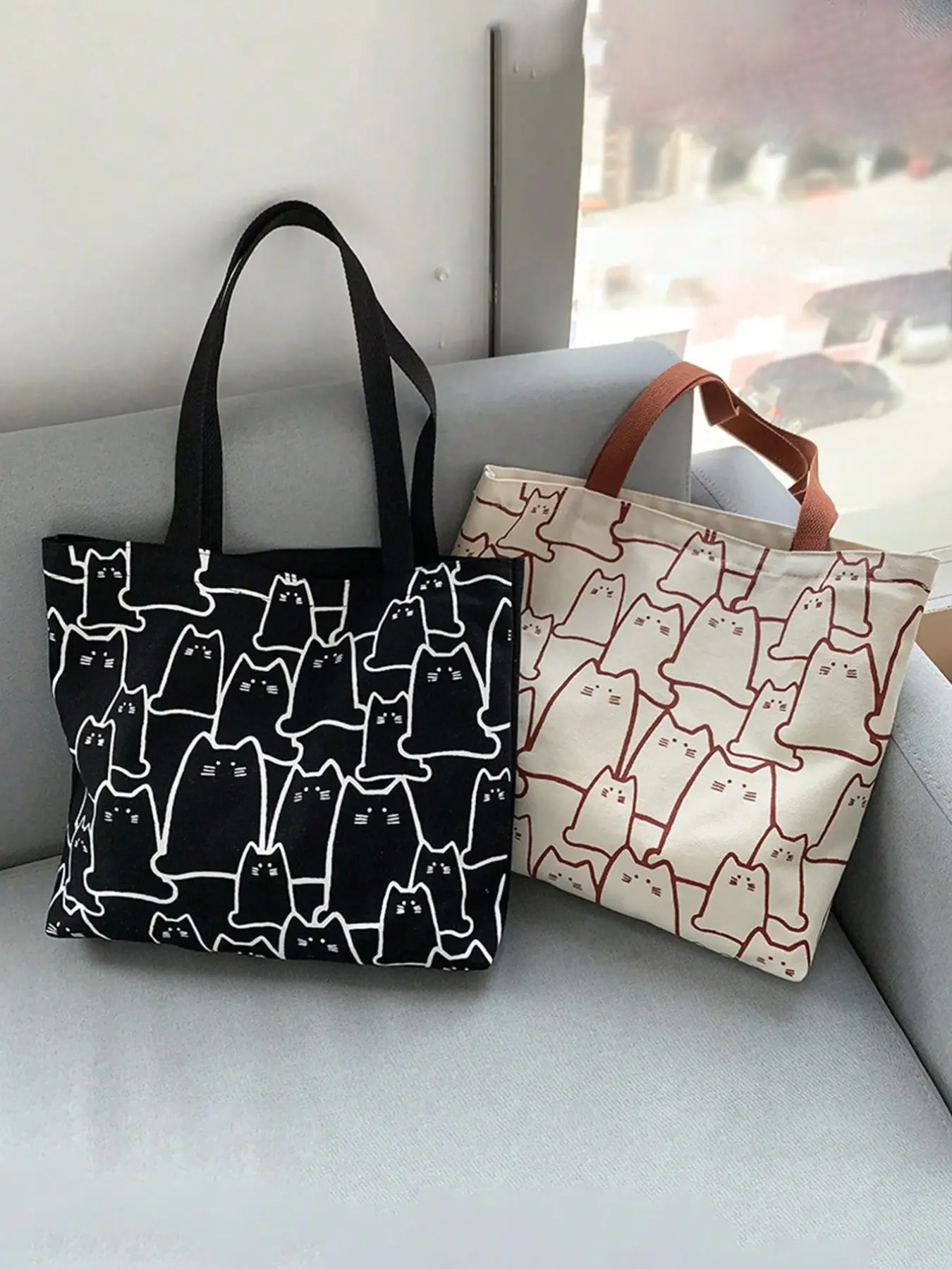 Cute Cat Print Canvas Tote Bag, Lightweight Large Capacity Shoulder Bag, Casual Commuter Bag, Women's Makeup Bag, Reusable Shopping Bag, Fashionable Patterned Bag, Fashionable Unique Bags