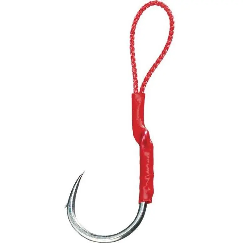 Magnum Single Assist Hooks - 2-Pack Short Shank Circle Style Heavy-Duty Metal Fishing Gear with Red Braided Line for Vertical Jigging