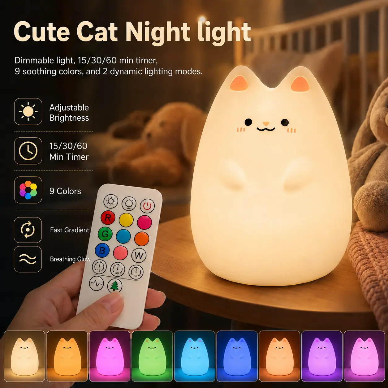 Cute Cat Silicone Night Light for Baby Nursery - Dimmable, Timer Function, Remote Control, Soft Bedside Lamp for Kids