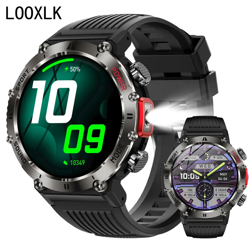 LOOXLK Men's Digital Wearable Smartwatch - 1.46" TFT Screen, 600mAh Rechargeable Battery, 3ATM Waterproof, Wireless 5.0, LED Flashlight, Pedometer, Sport Mode, Calendar, Custom Settings, Rubber Band, Fast USB Charging, iPhone & Android Compatible, Calcula