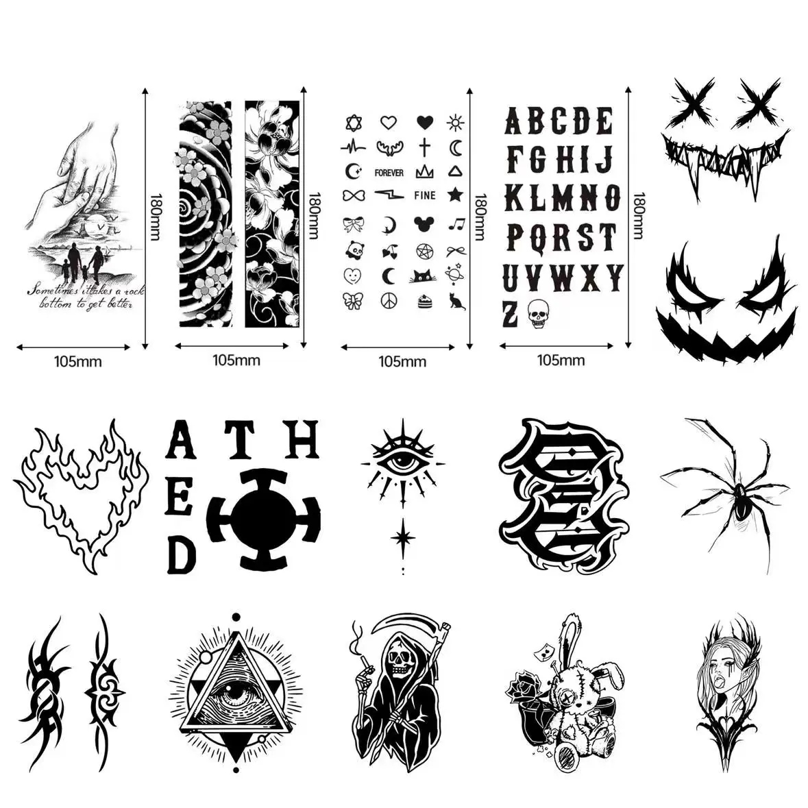 16Pcs Cool Waterproof Semi-Permanent Tattoo Pack,Evil Eye Arm Band Heart Spider Temporary Tattoos for Halloween Cosplay Family Party Outfit Decoration