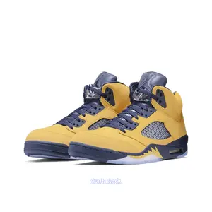 Yellow Suede High-Top Retro Basketball Shoes with Navy Blue Mesh and Translucent Icy Blue Outsole