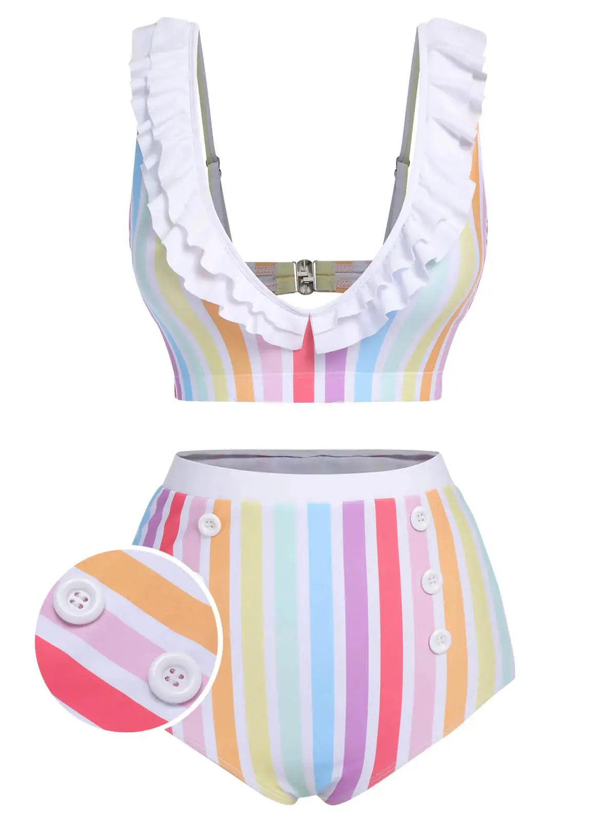 RETRO STAGE Women's 1950s Retro Rainbow Striped High-Stretch 2-Piece Tankini Set with High-Waisted Shorts, Wireless Beach Outfits, No