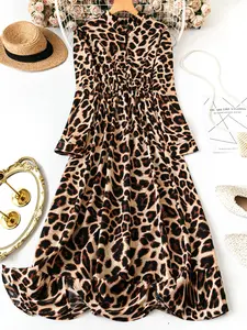 【Plus Size】 Leopard Print A Line Dress, Elegant Classy Flattering Long Sleeve Dress for Work Business, Women's Clothes for All Seasons