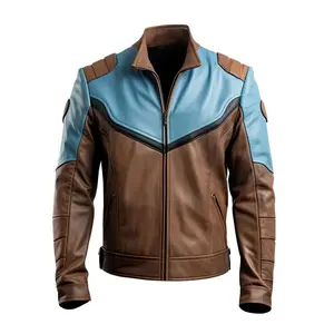 Men's Dusty Blue Brown Genuine Sheepskin Leather Racer Style Jacket, Stand Collar, Zip-up, Racer Style by Hide Crafts