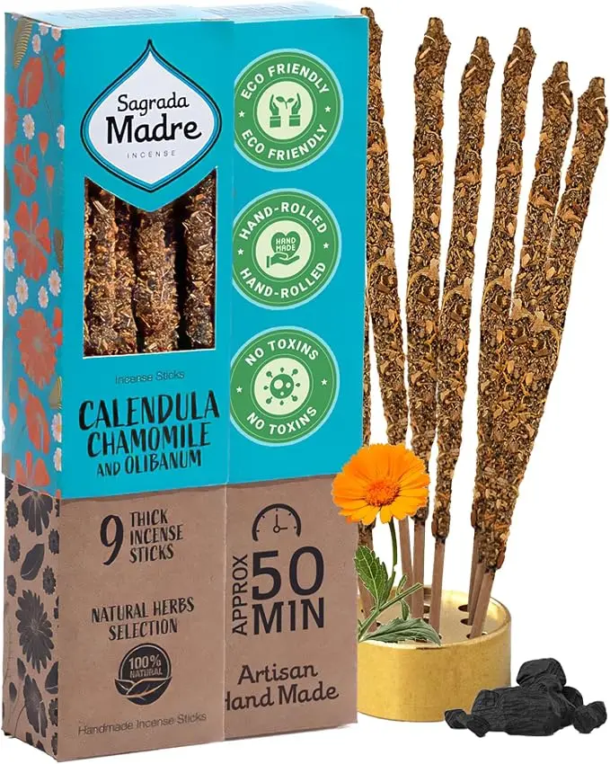 Sagrada Madre Chamomile Incense Sticks, 9 Extra Long Rods – Wild Harvested with Natural Calendula, Frankincense & Essential Oils – 50 Min Burn for Meditation, Relaxation & Aromatherapy, Abundance Peace Love Protection