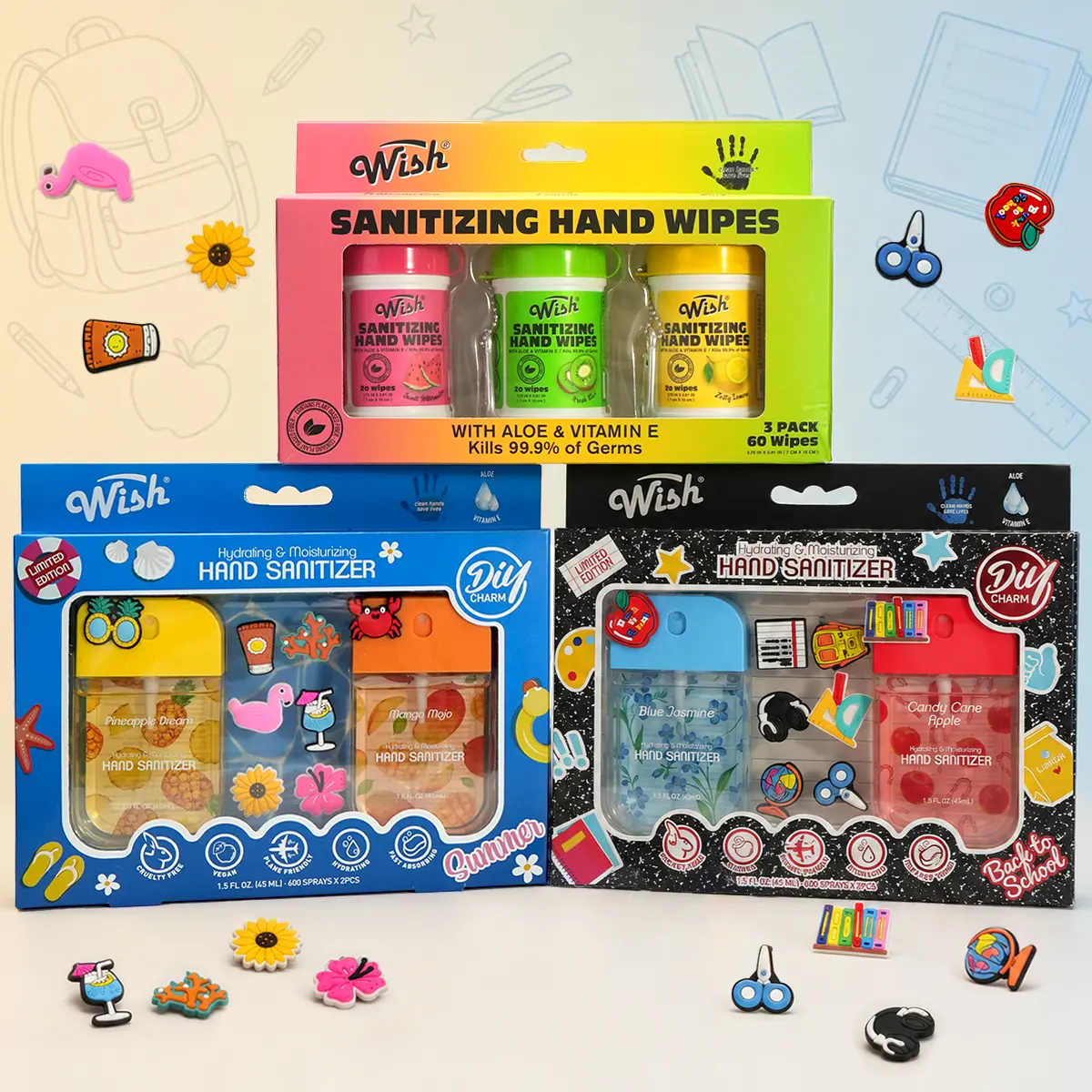 【NEW! BACK TO SCHOOL STOCK-UP】Wish Clean & Care 7-Piece Bundle - 4 Scented Hand Sanitizer Sprays + 3 Sanitizing Hand Wipes, Cute DIY Charms, Backpack & Travel Essentials
