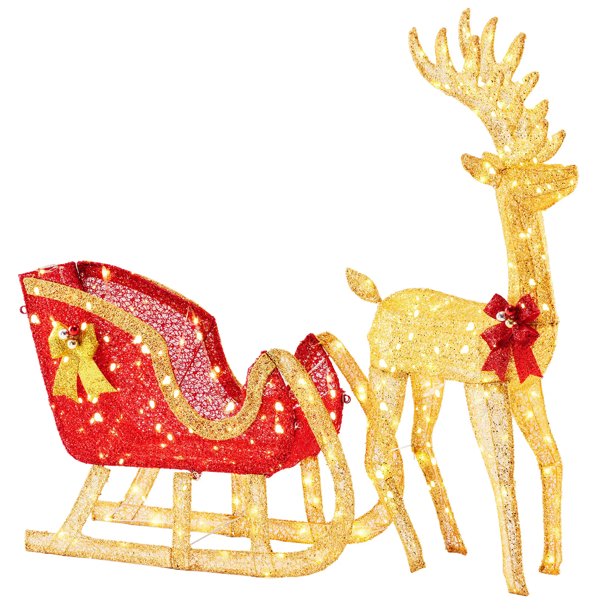Outdoor Gold Christmas Reindeer & Sleigh Decoration Set - 4ft, 205 LED Lights, Stakes, Zip Ties for Holiday Home Festive Decor