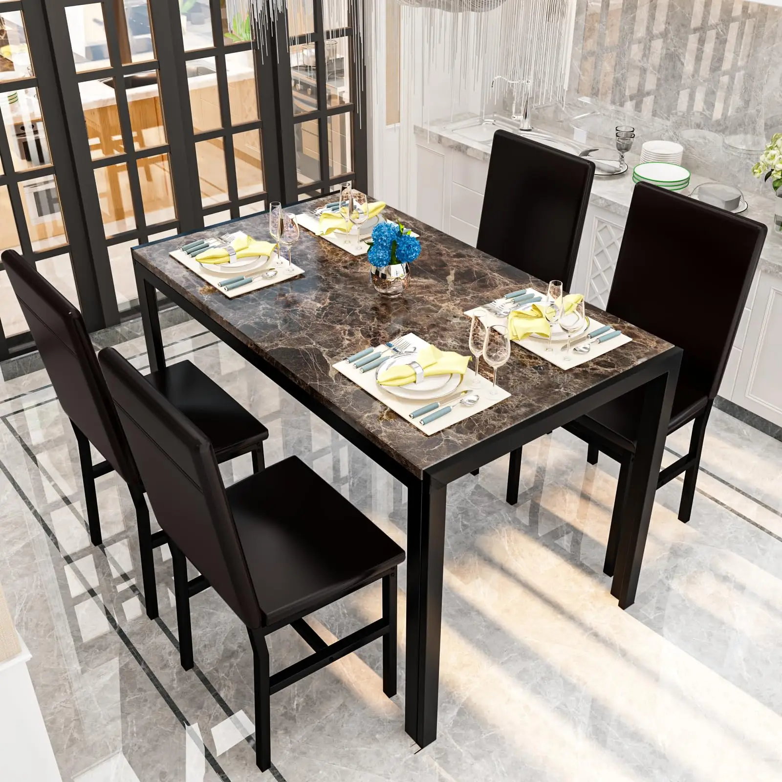 Lamerge Dining Table Set for 4, Faux Marble Table with 4 PU Leather Chairs, Modern Kitchen Table and Chairs for 4, Small Kitchen Table and Chairs for