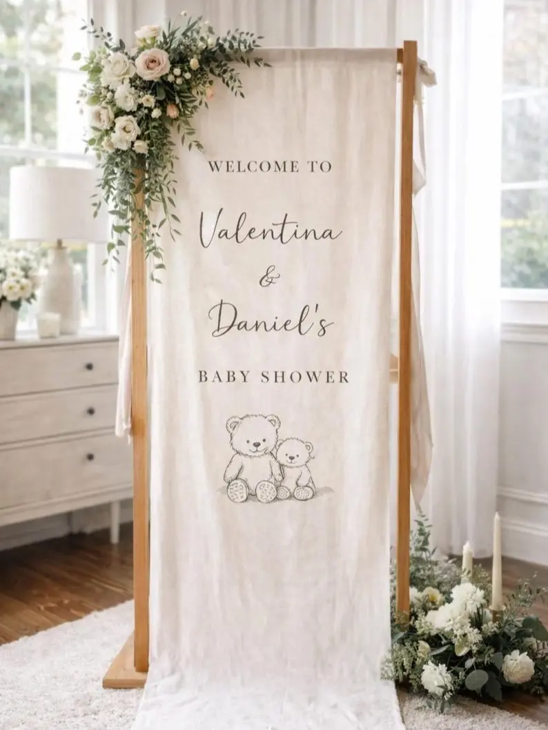 Custom Baby Shower Welcome Sign, Personalized Fabric Banner, Hello Baby Backdrop, Neutral Baby Shower Decor, Oh Baby Party Entrance Sign