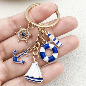Nautical Theme Keychain Set with Anchor, Helm, Sailboat & Life Ring Charms - Sky Blue and White Zinc Alloy Funky Style Keyring - Fashionable Key Accessory for Everyday Use - Keychain Accessories, Cute Keychain
