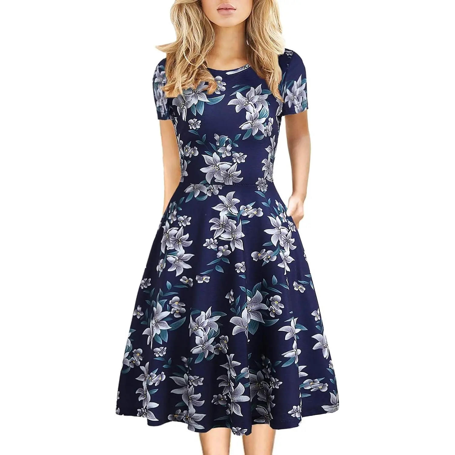 Women's Soft Floral Print A-Line Dress with Pockets, Cute Short Sleeve Knee-Length for Casual Party & Wedding Guest, Brunch Outfit Ideas, Wedding Guest Outfit, Church Outfits, Affordable Fashion