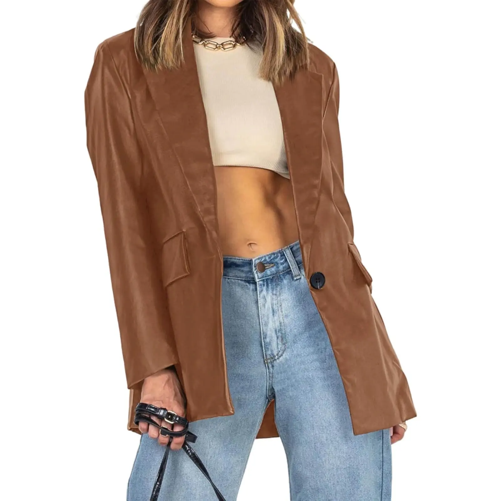 Tankaneo Womens Oversized Leather Jacket Long Sleeve Faux Leather Blazer Lapel Button Down Leather Shacket Coat with Pockets