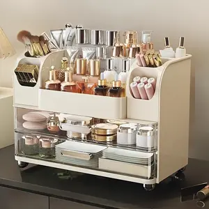 9-grid makeup storage box with beige dressing table - multi-functional desktop drawer cabinet, suitable for bathrooms, dressing tables and offices - simple design, durable plastic material, transparent partitions, Makeup cosmetic storage