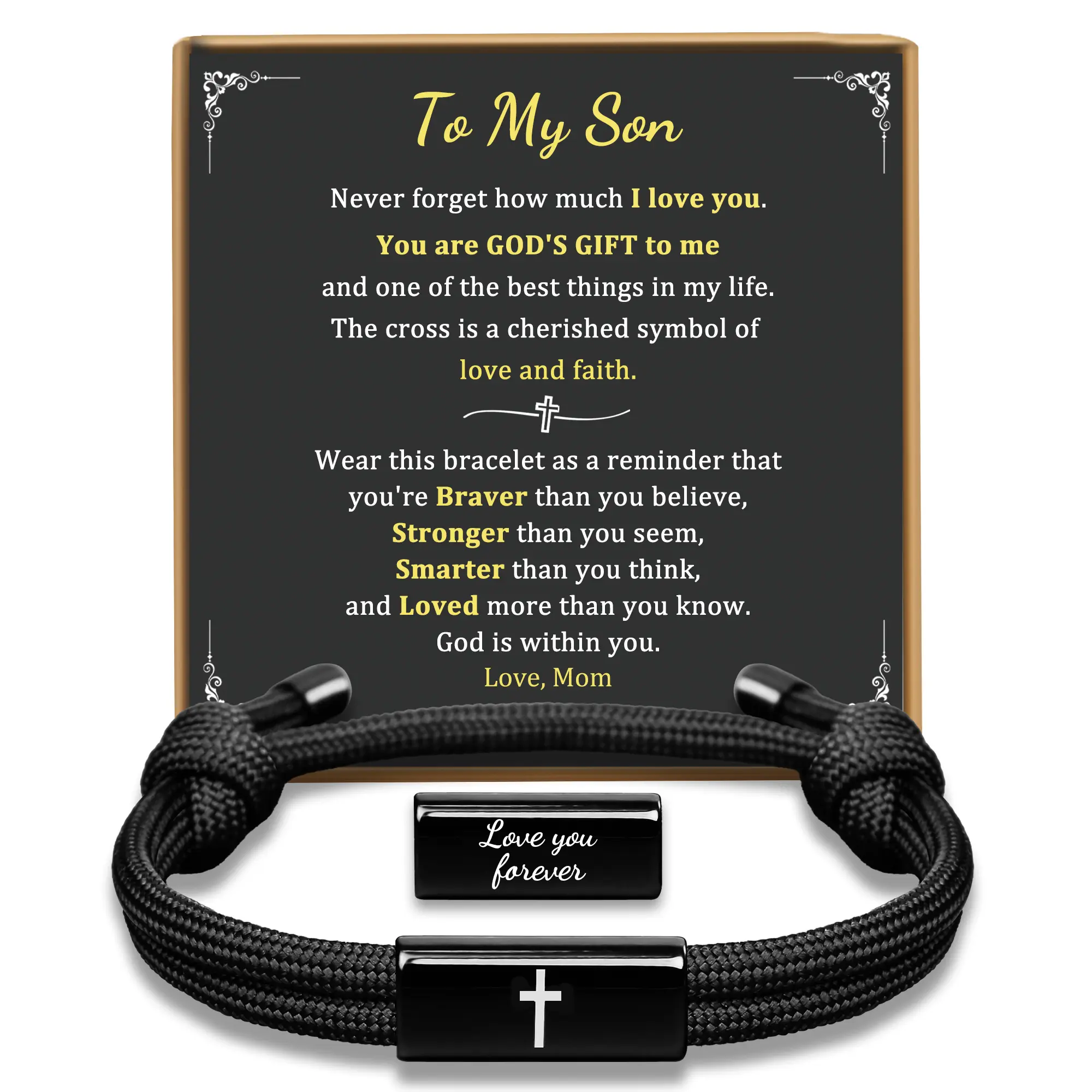 PEALICIOUS Mens Cross Bracelet for Son, To My Son Bracelet from Mom, Christian Gifts for Boys, Joshua 1 9 Baptism & First Communion Keepsake, Adjustable Faith Bracelet with Encouragement Card
