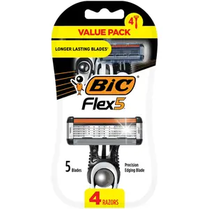BIC Flex 5 Men's Disposable Razors – 5-Blade Precision Shave | Black | 4 Pack