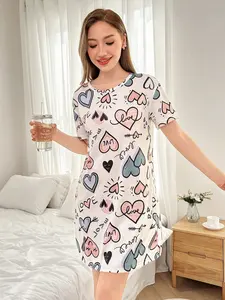 Sweetheart Print Sleepwear Set, Loose-Fit Short Sleeve Home Wear Loungewear, Ideal for Students & Summer Comfort, Perfect Gift for Her